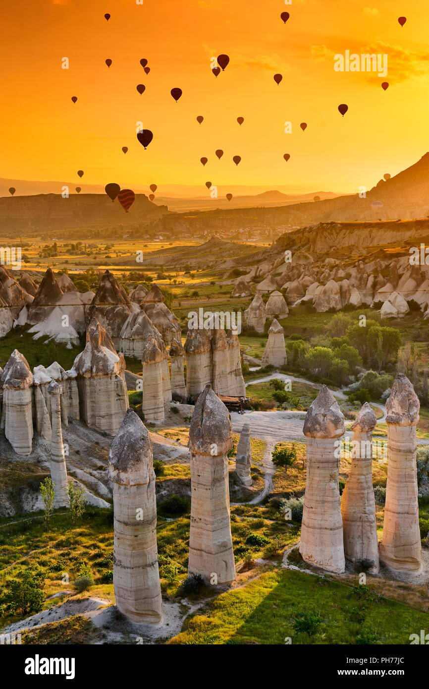 Love Vally and balloons on the sunrise sky, Cappadocia, Turkey Stock Photo