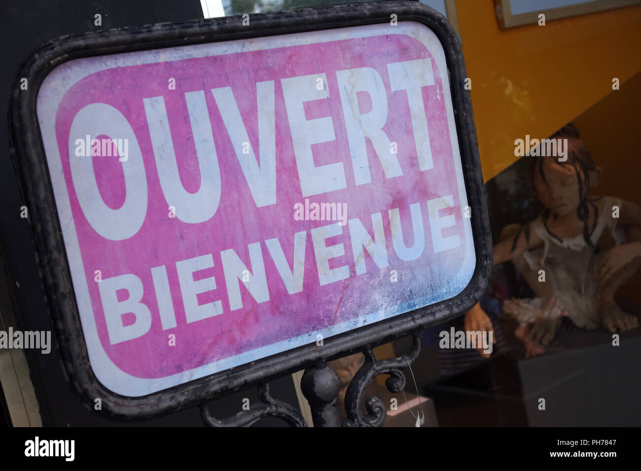 'open' sign, Honfleur France Stock Photo