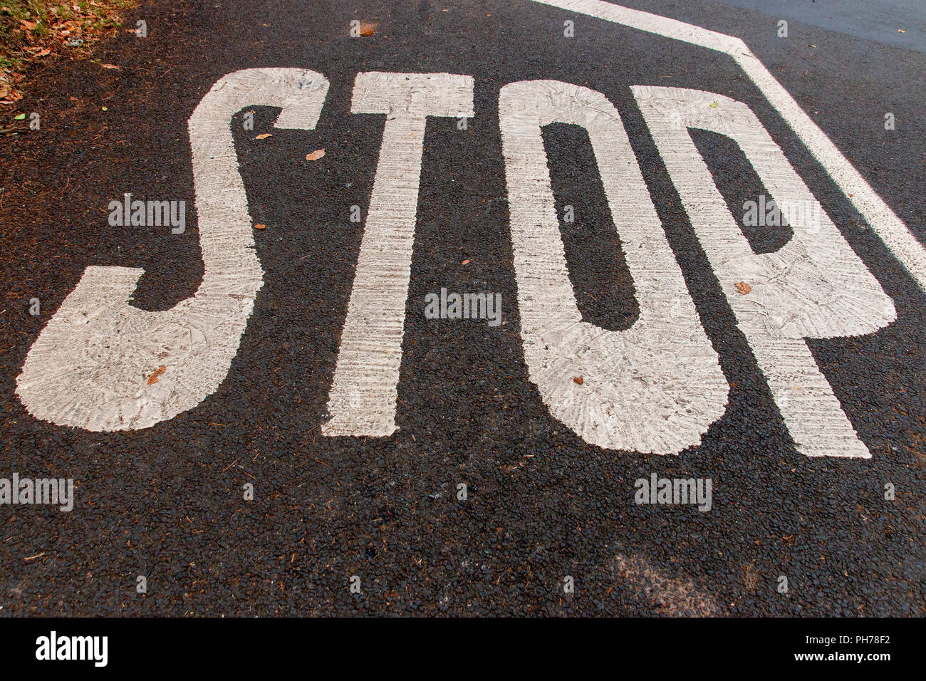 A top view of a newly painted white stop sign at the end of a three way road Stock Photo