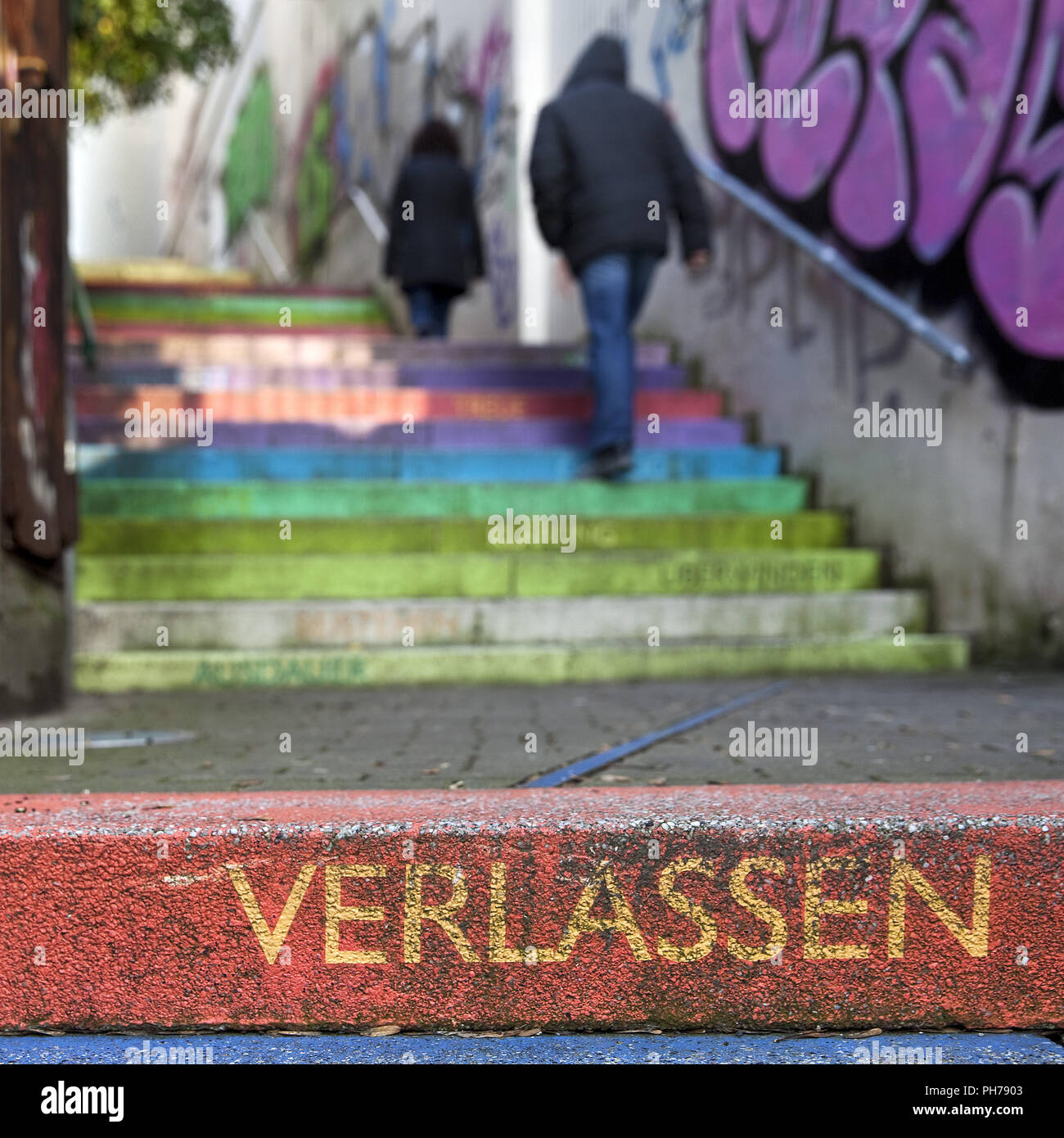 the word count on on colourful perron, Scala, Holsteiner Treppe, Wuppertal, Germany Stock Photo