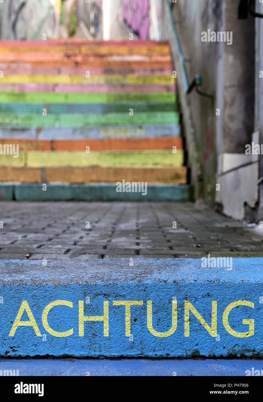 the word respect on colourful perron, Scala, Holsteiner Treppe, Wuppertal, Germany Stock Photo