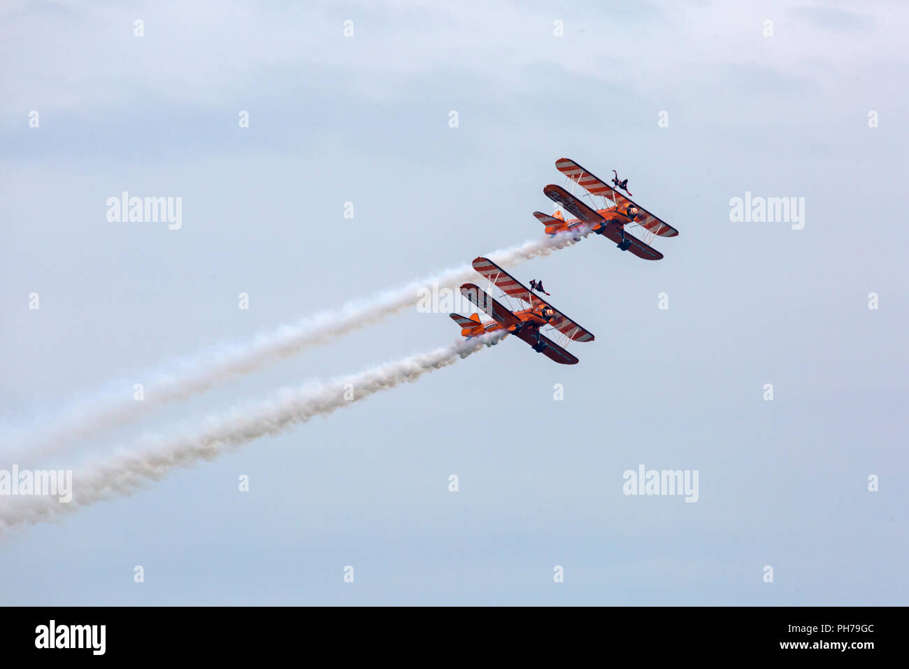 Bournemouth, UK. 30th August 2018. The Aero Superbatics Wingwalkers wing walkers perform at the 11th annual Bournemouth Air Festival - the Flying Circus. Perfect weather for flying. Credit: Carolyn Jenkins/Alamy Live News Stock Photo