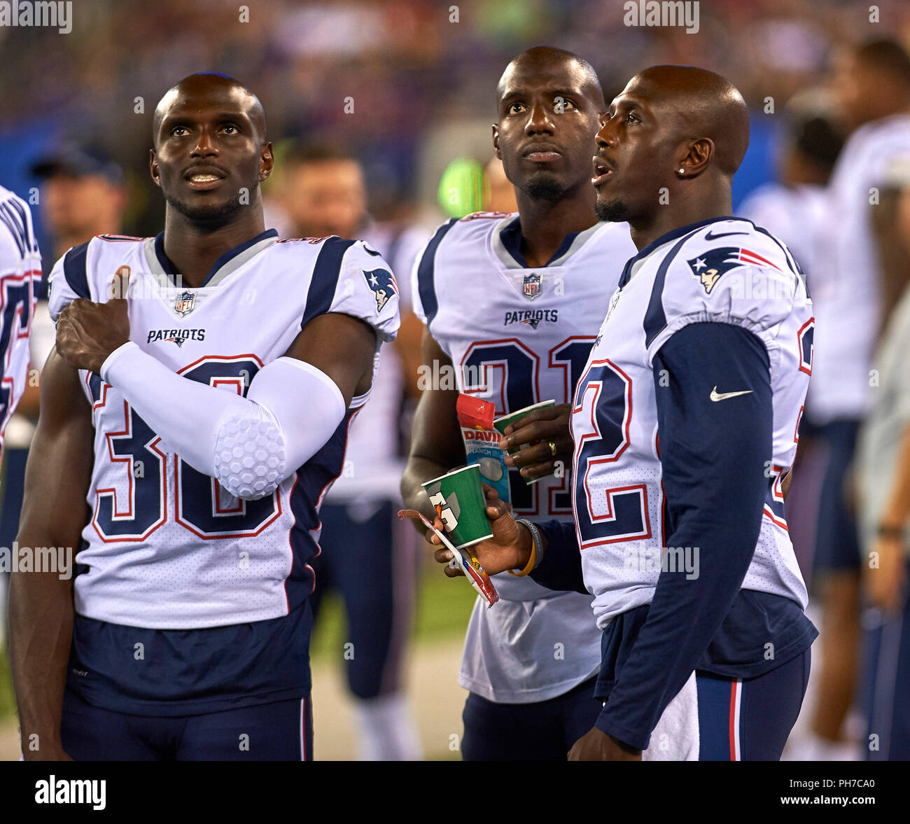 Eats Rutherford, USA. 30th Aug 2018. Former Rutgers players for New England  Patriots cornerback Jason McCourty (30), cornerback Jason McCourty (30) and  defensive back Duron Harmon (21) during preseason game between the