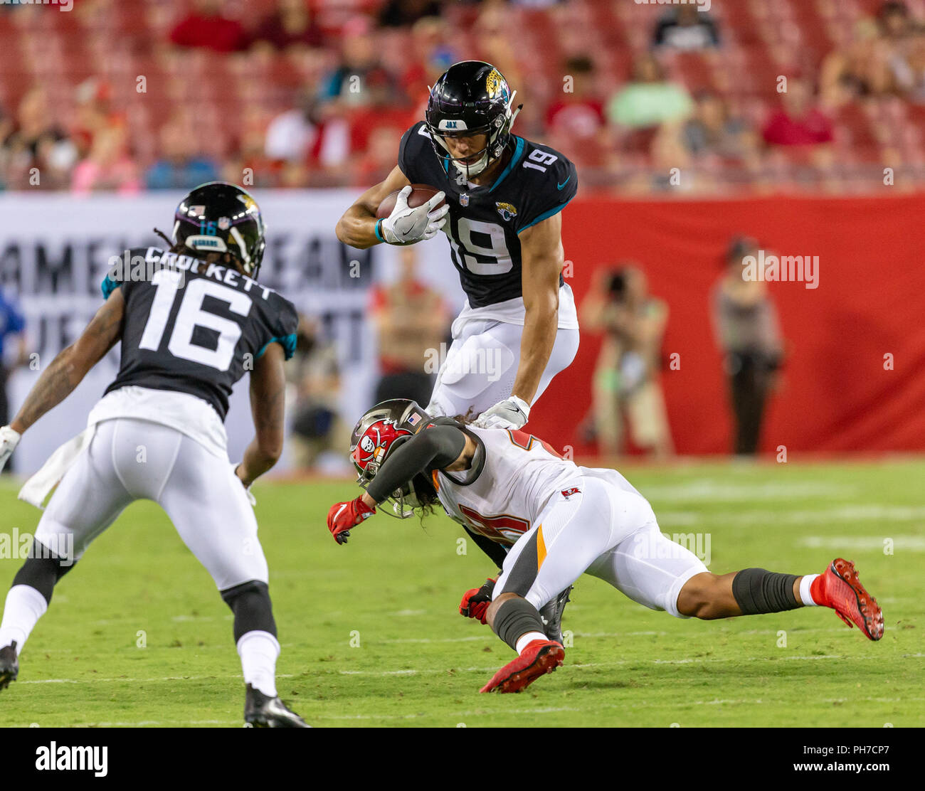August 30 2018 Tampa Bay Buccaneers Cornerback Amari Coleman 44 Tackles Jacksonville Jaguars Wide Receiver Allen Lazard 19 In The Game Between The Jacksonville Jaguars And The Tampa Bay Buccaneers At