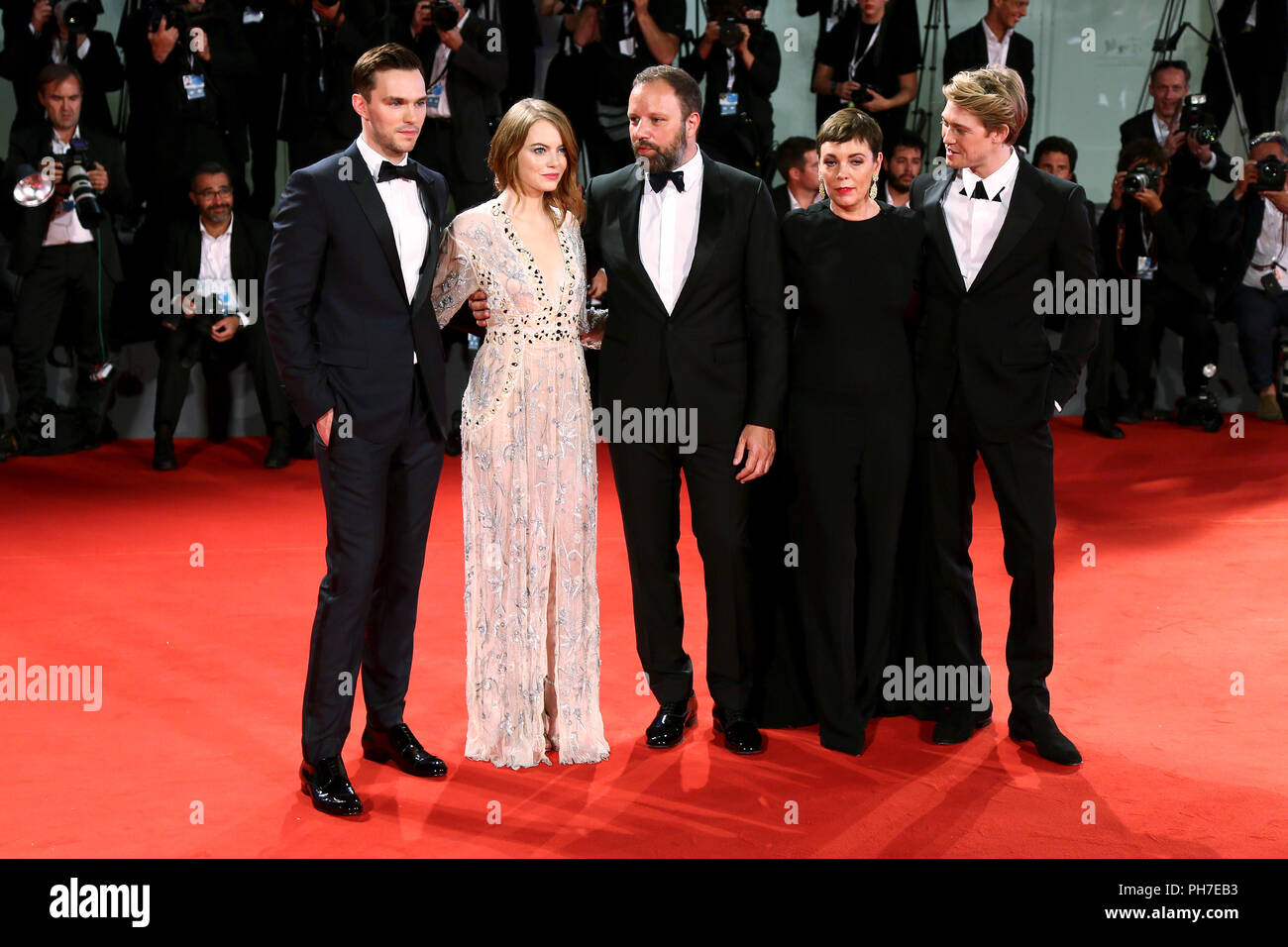 Venice, Italy. 30th Aug 2018. (L-R) Nicholas Hoult, Emma Stone, Yorgos Lanthimos, Olivia Colman and Joe Alwyn attend the 'The Favorite' première on August 30, 2018 in Venice, Italy.(By Mark Cape/Insidefoto) Credit: insidefoto srl/Alamy Live News Stock Photo