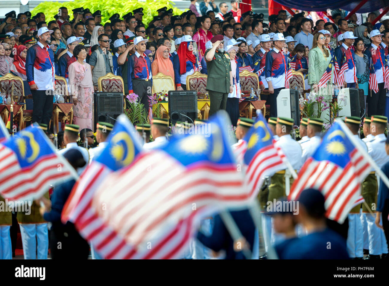 Putrajaya, Malaysia. 31st Aug, 2018. Malaysia's Supreme Head of State Muhammad V (C) takes part in the 61st National Day celebrations in Putrajaya, Malaysia, on Aug. 31, 2018. Credit: Chong Voon Chung/Xinhua/Alamy Live News Stock Photo