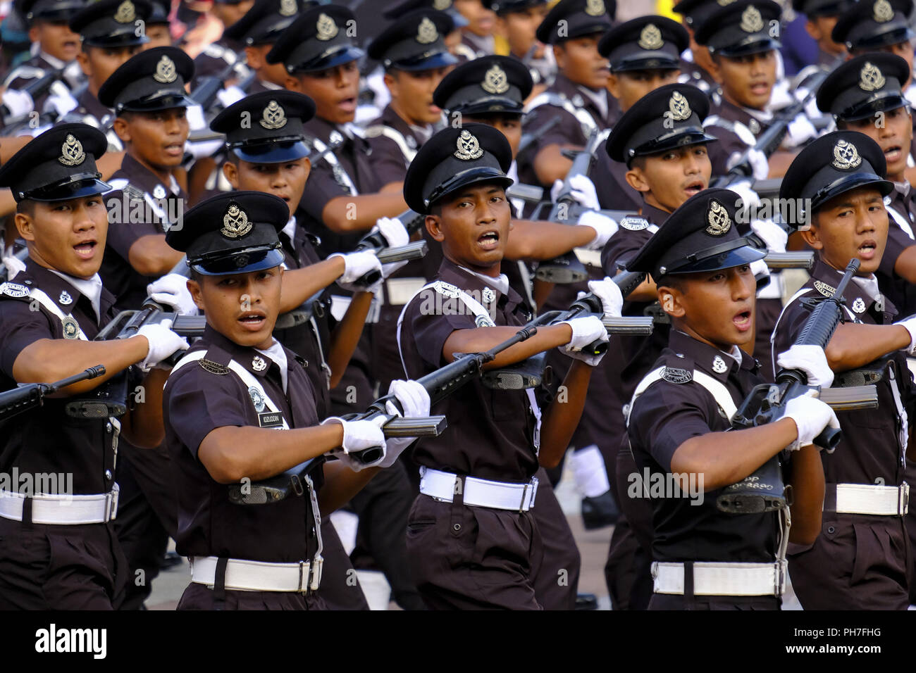 Putrajaya, Kuala Lumpur, Malaysia. 29th Aug, 2018. The Royal Malaysia Police seen taking part in full rehearsal ceremony at the 61st Malaysia anniversary of independence day at Dataran Putrajaya.Malaysians celebrated 61st anniversary of the nation's independence day on every 31st August. The Prime Minister of Malaysia, Dr. Mahathir Mohamad had chosen Putrajaya the nation's administrative capital as a venue for the celebration. This year's slogan will be ""˜Sayangi MalaysiaKu' which means ""˜Love My Malaysiaâ Credit: Faris Hadziq/SOPA Images/ZUMA Wire/Alamy Live News Stock Photo