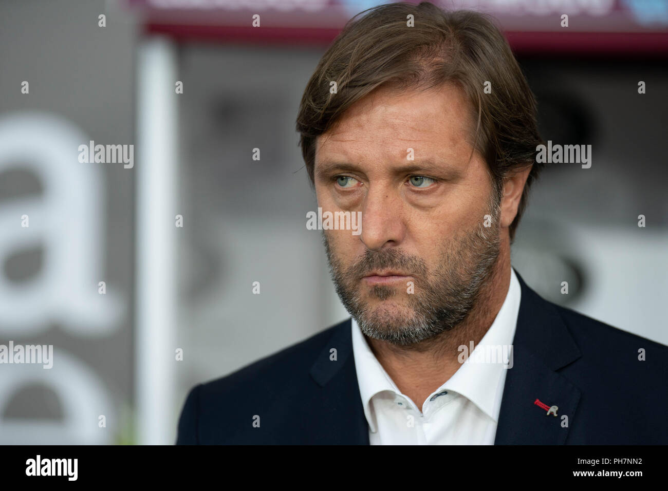 Burnley, UK. 30th August 2018. Olympiacos coach Pedro Martins  30th August 2018, Turf Moor, Burnley, England; UEFA Europa League, Play off leg 2 of 2, Burnley v Olympiacos FC Credit: Terry Donnelly/Alamy Live News Stock Photo