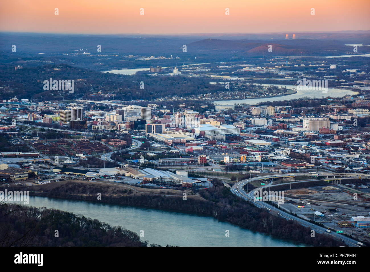 Drone Aerial of Downtown Chattanooga Tennessee TN skyline from Point Park and Lookout Mountain. Stock Photo