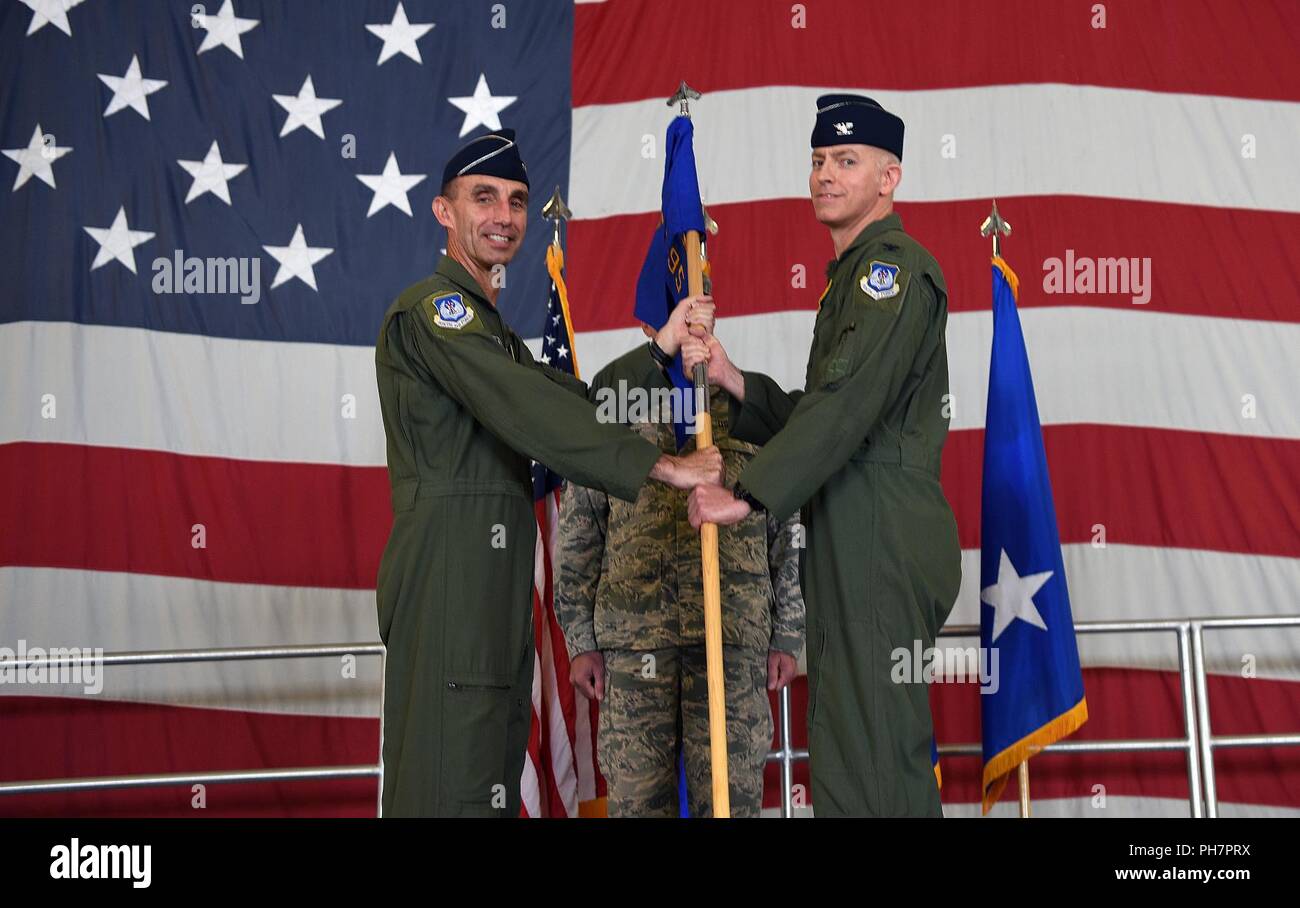 U.S. Air Force Col. Jeffrey T. Allison, right, 495th Fighter Group (FG) incoming commander, assumes command as the fourth commander of the 495th FG from Maj. Gen. Scott J. Zobrist, 9th Air Force commander, during a Change of Command ceremony, June 26, 2018, Shaw Air Force Base, S.C. Prior to assuming command, Allison was a 2018 graduate of the U.S. Army War College in Carlisle Barracks, Penn. As commander for the 495th FG, Allison leads 700 regular Air Force members co-located in seven geographically separated squadrons, plus an additional 16 operating locations integrated with Air National Gu Stock Photo
