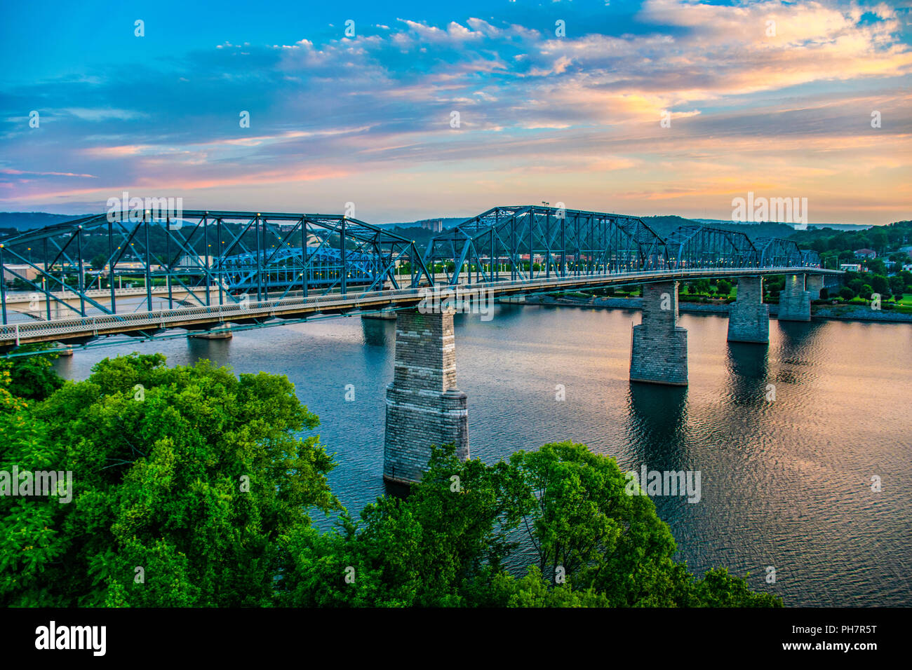 Market Street Bridge and Tennessee River in Downtown Chattanooga Tennessee TN. Stock Photo