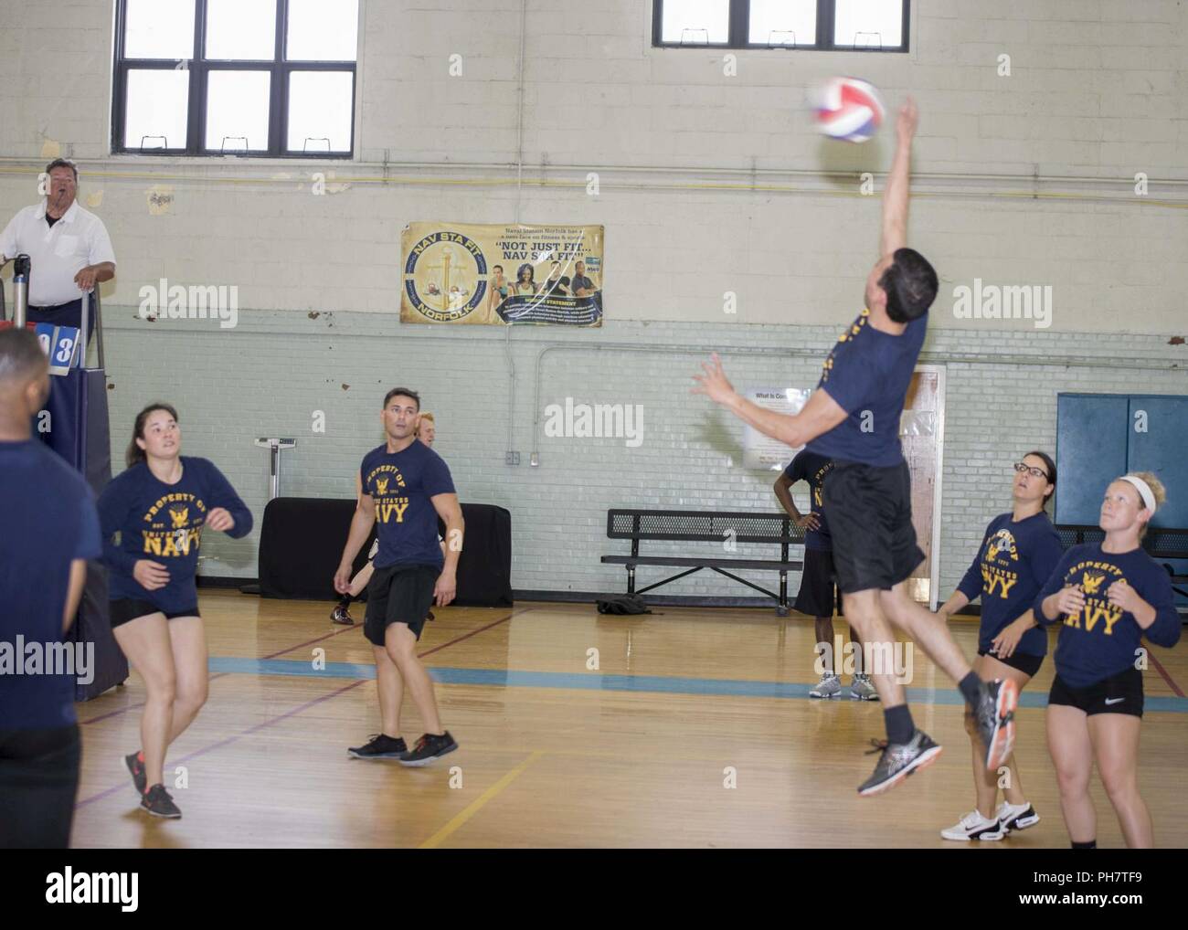 Norfolk Va June 26 2018 Sailors Assigned To The Amphibious Assault Ship Uss Bataan Lhd 5 Play Volleyball During Surface Line Week S Volleyball Tournament At N 24 Gym Onboard Naval Station Norfolk Sailors
