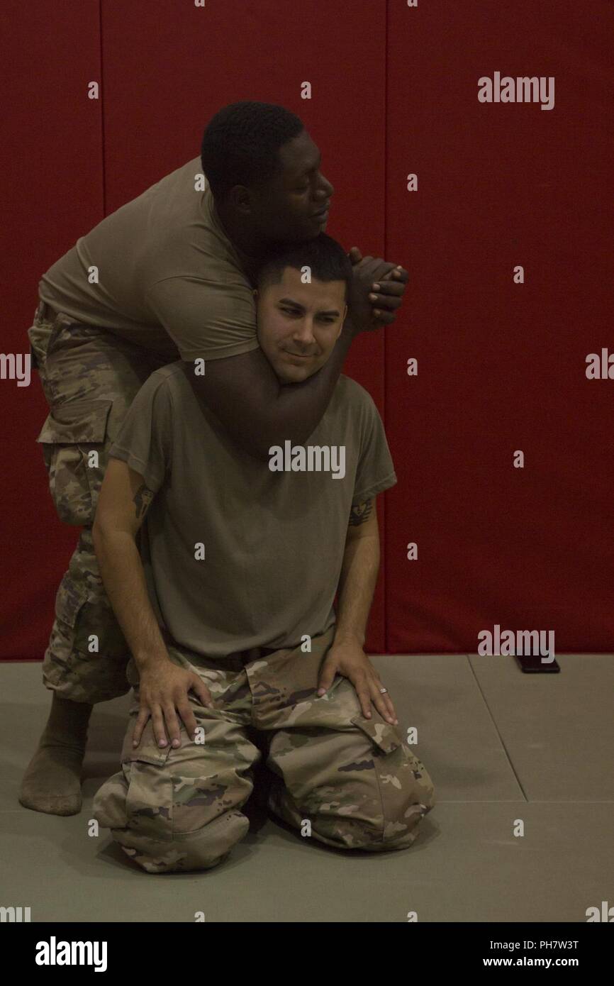 CAMP FOSTER, OKINAWA, Japan U.S. Army Pfc. Eric McKinnon practices a rear choke hold on