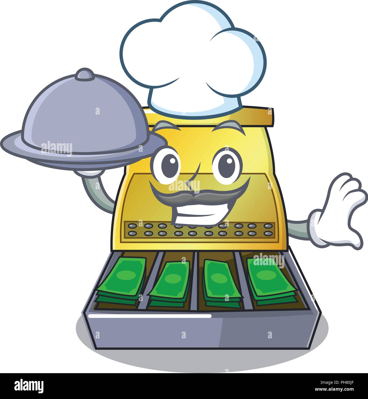 Chef with food cash register with LCD display cartoon vector illustration Stock Vector