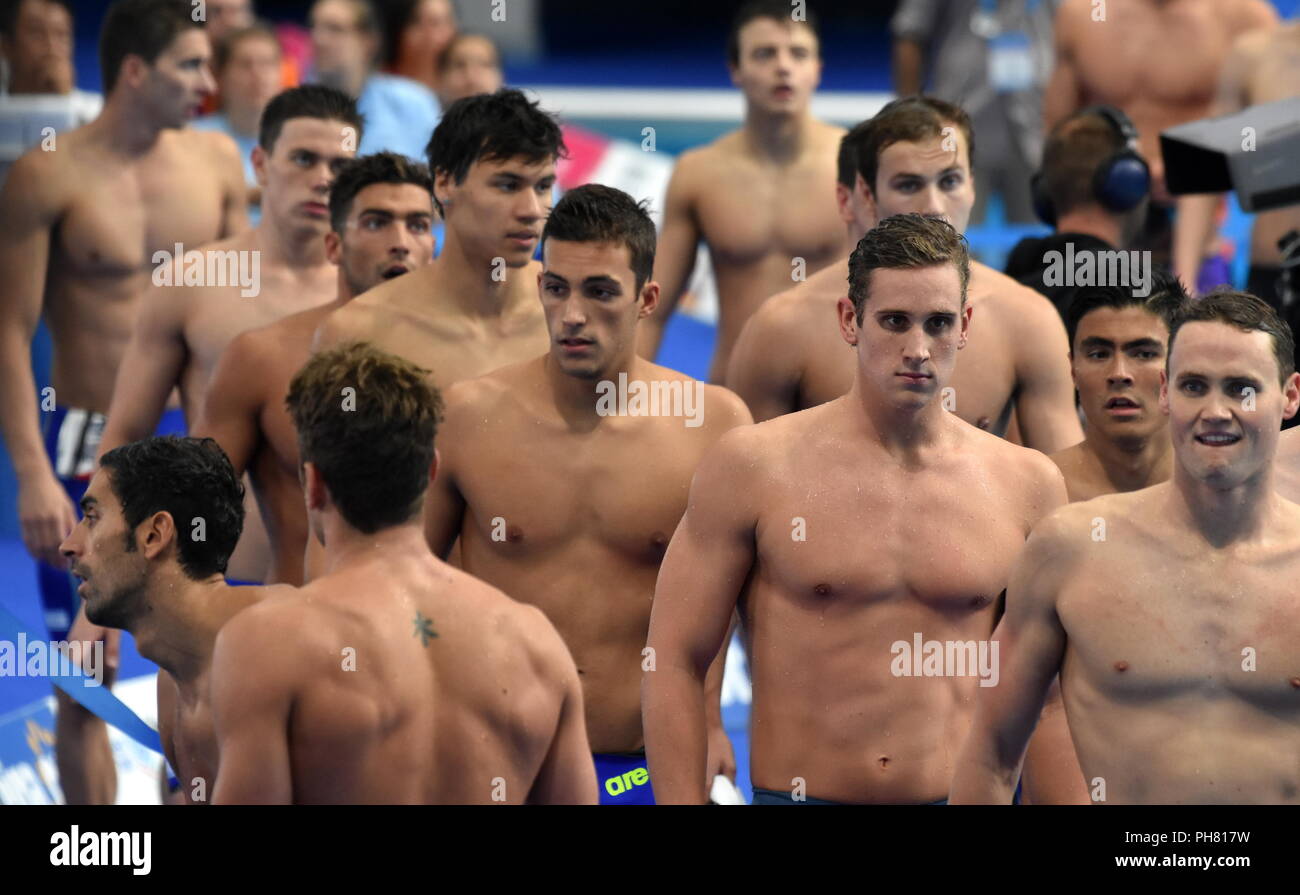 Budapest, Hungary Jul 28, 2017. Men national swim teams after swimming in 4x200m Freestyle
