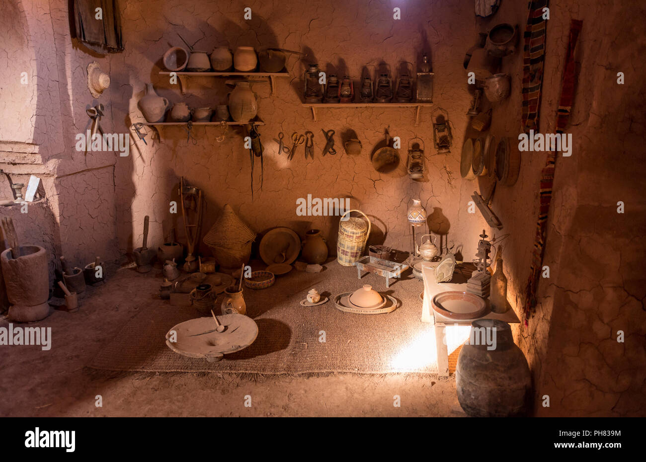 Historic room with kitchen appliances, interior of a Kasbah residence Ait Benhaddou, High Atlas, Ksar Ait Benhaddou Stock Photo