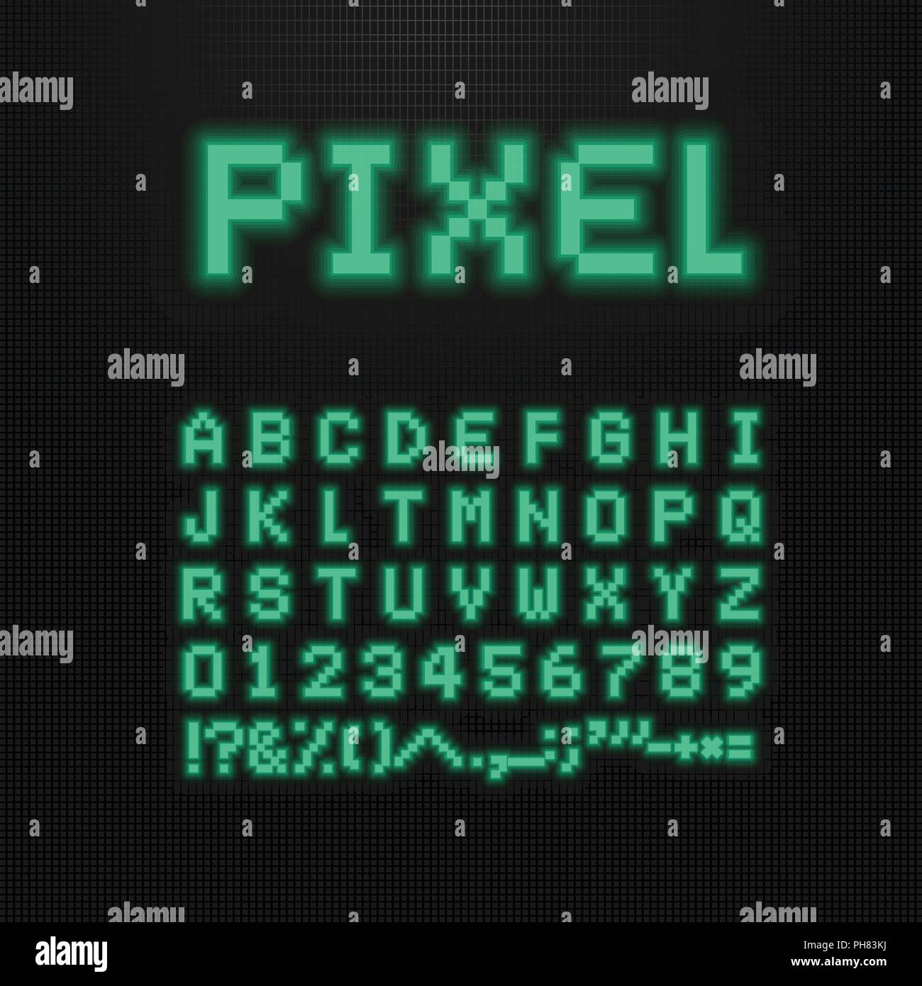 Pixel font, vector letters, numbers and signs on old computer led display. 8 bit video game typeface. Retro digital abc. Green points letters on black background. Stock Vector