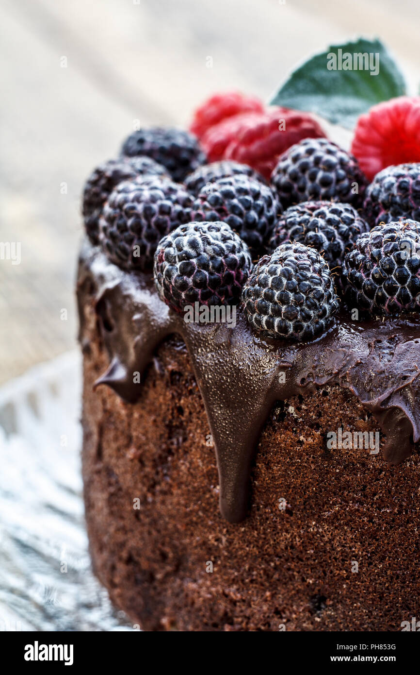 Close Up Homemade Chocolate Cake Decorated With Black And Red