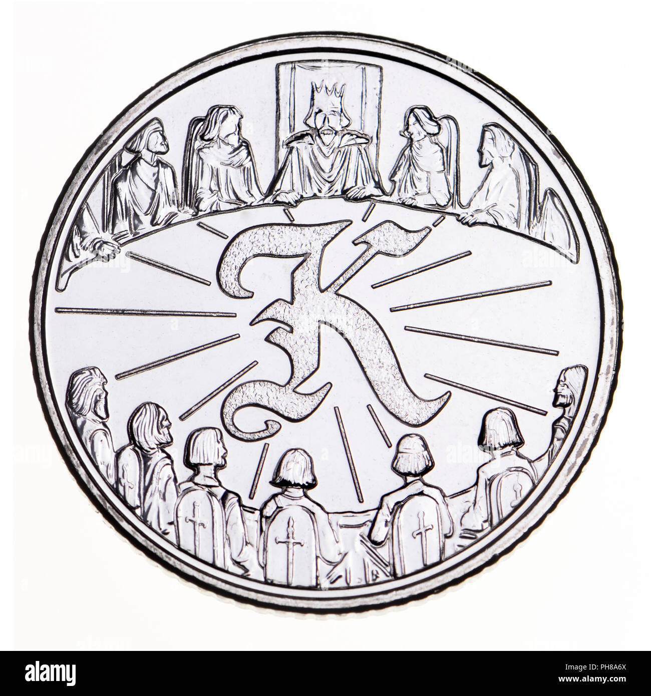 British 10p coin (reverse) from 2018 'Alphabet' series, celebrating Britishness. K - King Arthur Stock Photo