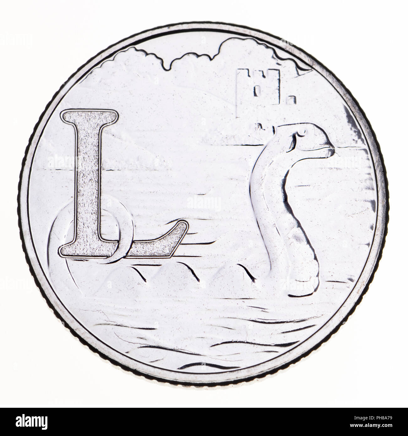 British 10p coin (reverse) from 2018 'Alphabet' series, celebrating Britishness. L - Loch Ness Stock Photo