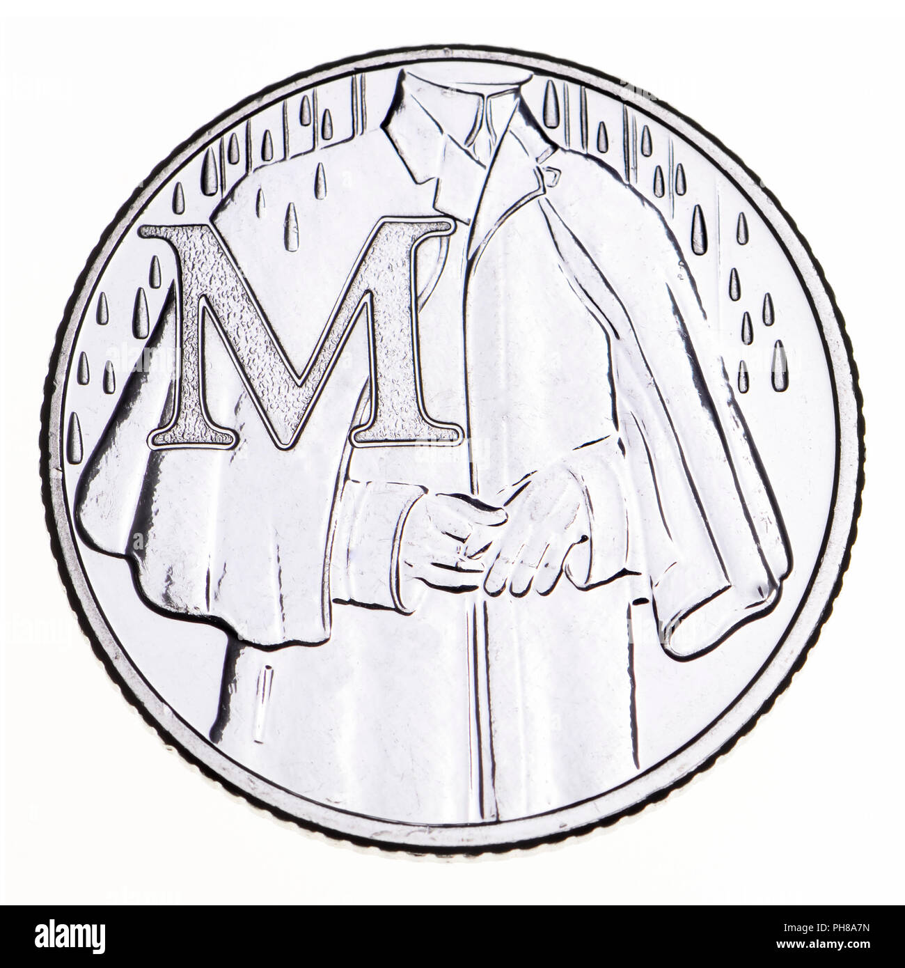 British 10p coin (reverse) from 2018 'Alphabet' series, celebrating Britishness. M - Mackintosh (rain coat) Stock Photo