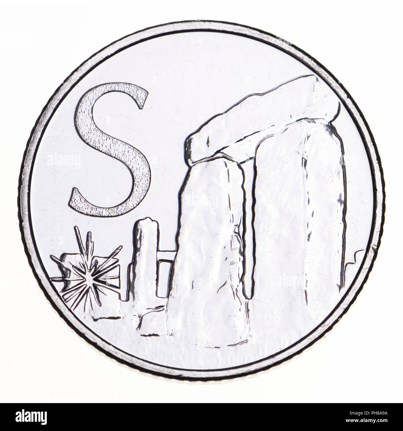 British 10p coin (reverse) from 2018 'Alphabet' series, celebrating Britishness. S - Stonehenge Stock Photo