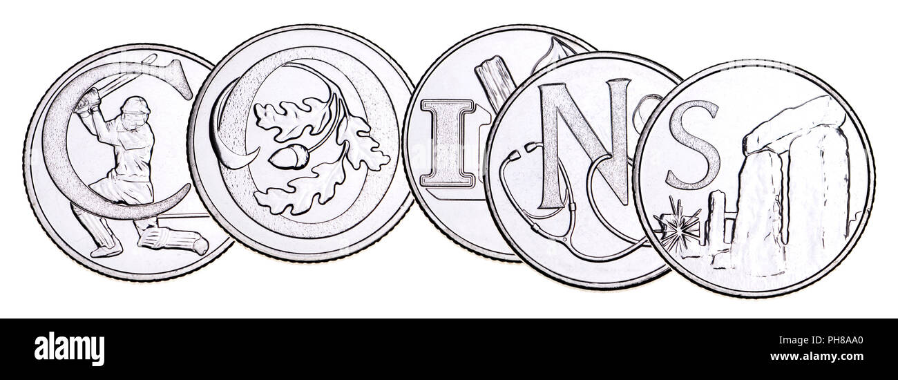 British 10p coinS (reverse) from 2018 'Alphabet' series, celebrating Britishness. Spelling out 'COINS' Stock Photo