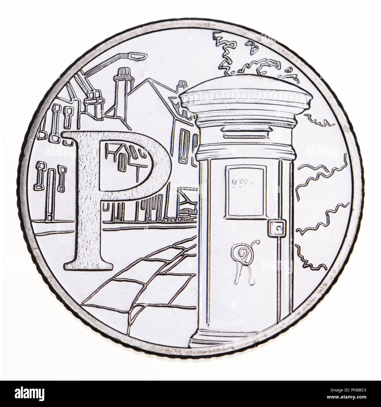 British 10p coin (reverse) from 2018 'Alphabet' series, celebrating Britishness. P - Postbox Stock Photo