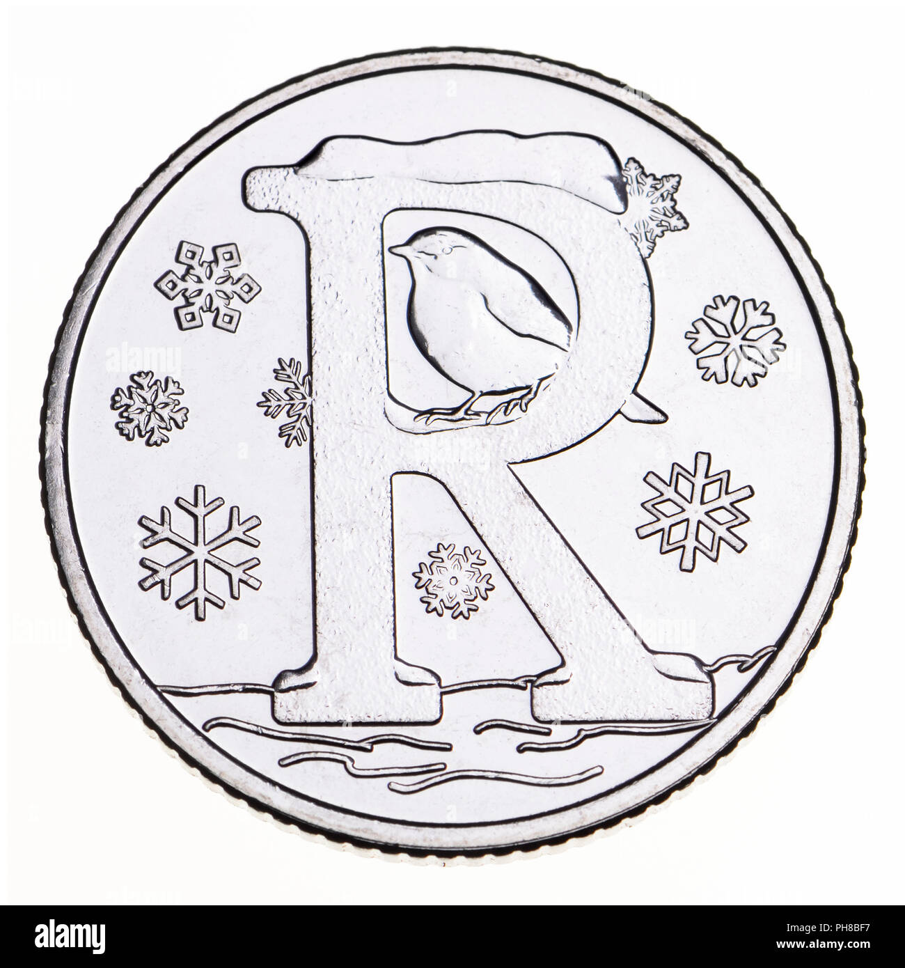 British 10p coin (reverse) from 2018 'Alphabet' series, celebrating Britishness. R - Robin Stock Photo