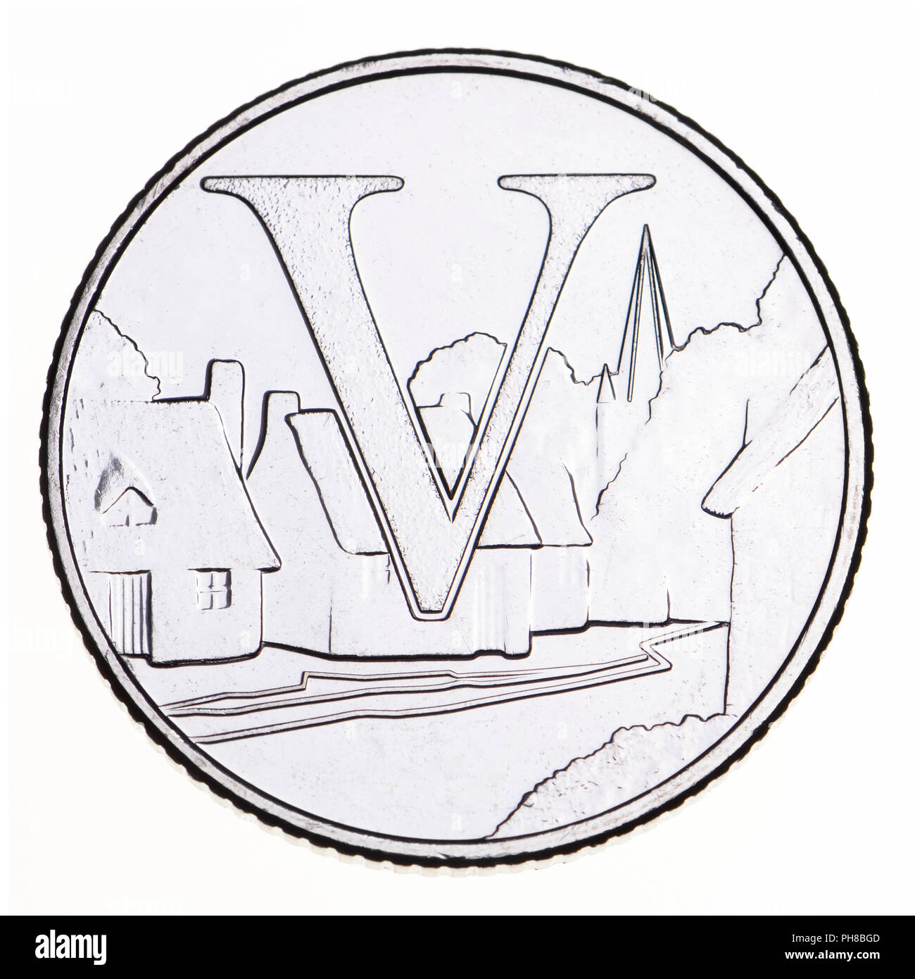 British 10p coin (reverse) from 2018 'Alphabet' series, celebrating Britishness. V - Villages Stock Photo