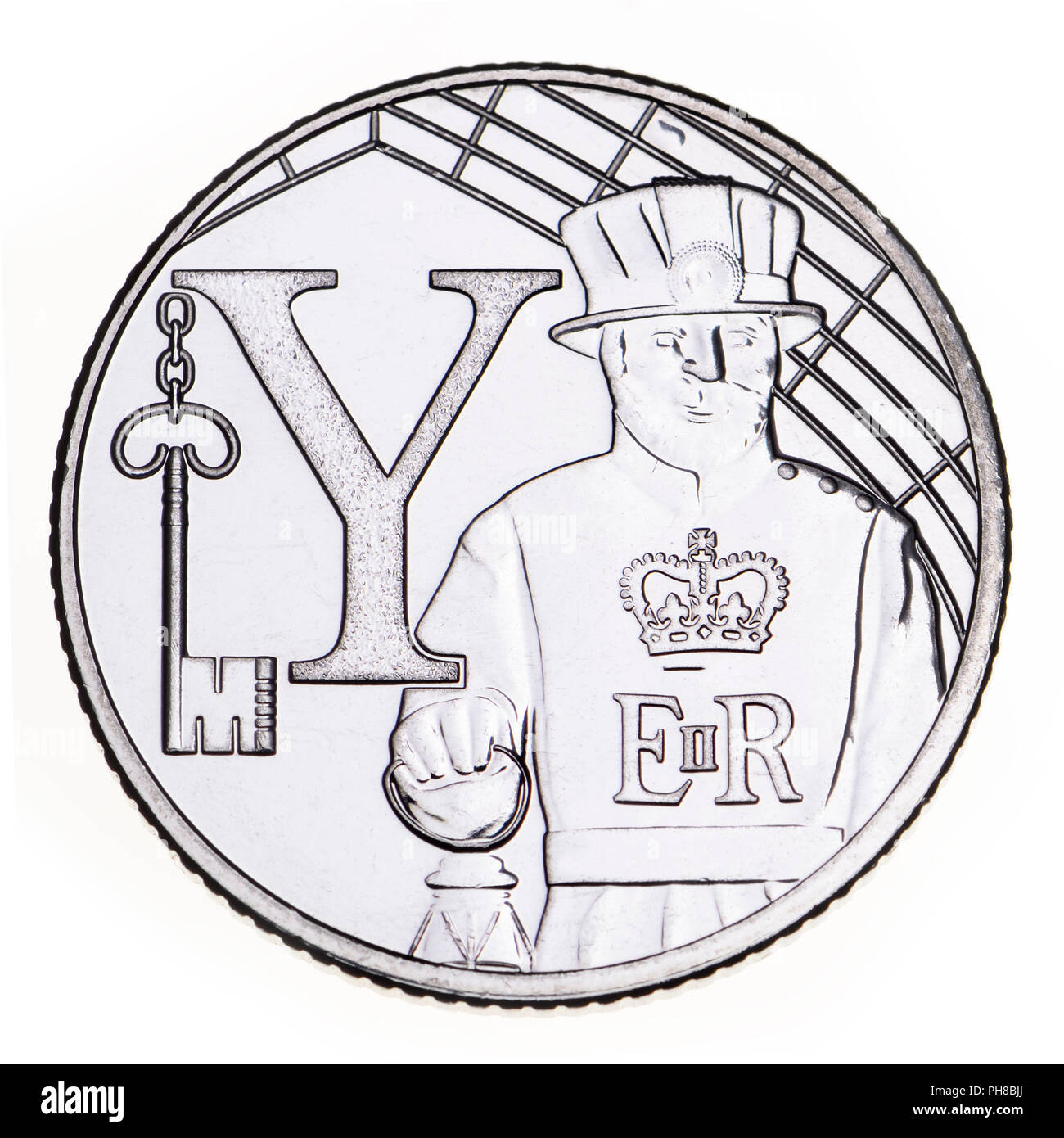 British 10p coin (reverse) from 2018 'Alphabet' series, celebrating Britishness. Y - Yeoman Warder (Beefeater) Stock Photo