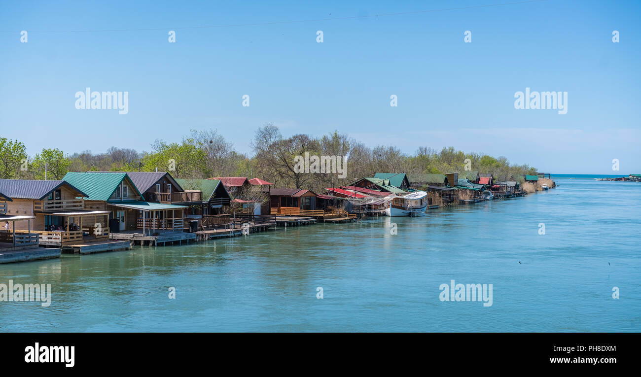 Ada Bojana, Montenegro - April 2018 : Small wooden houses and