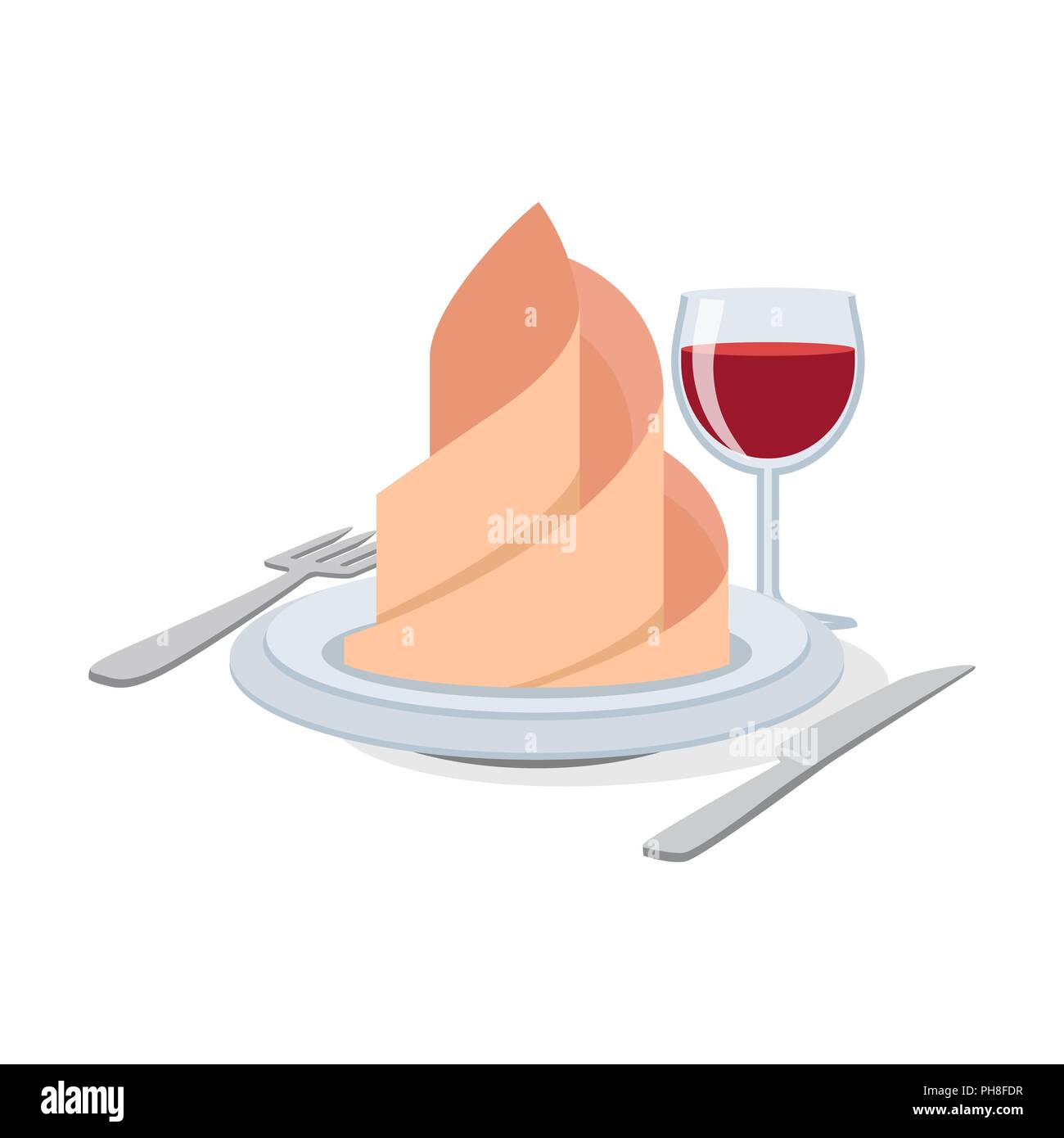 Cutlery set with wineglass, plate, napkin icon flat style. Stock Vector