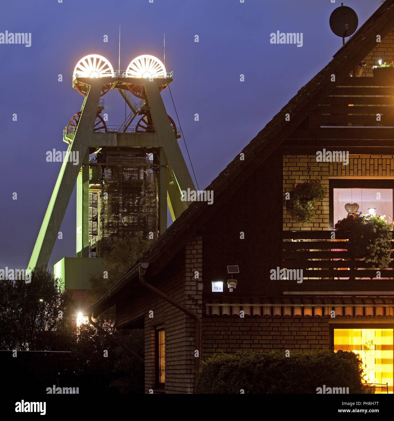 illuminated headframe Haus Aden, Bergkamen Stock Photo