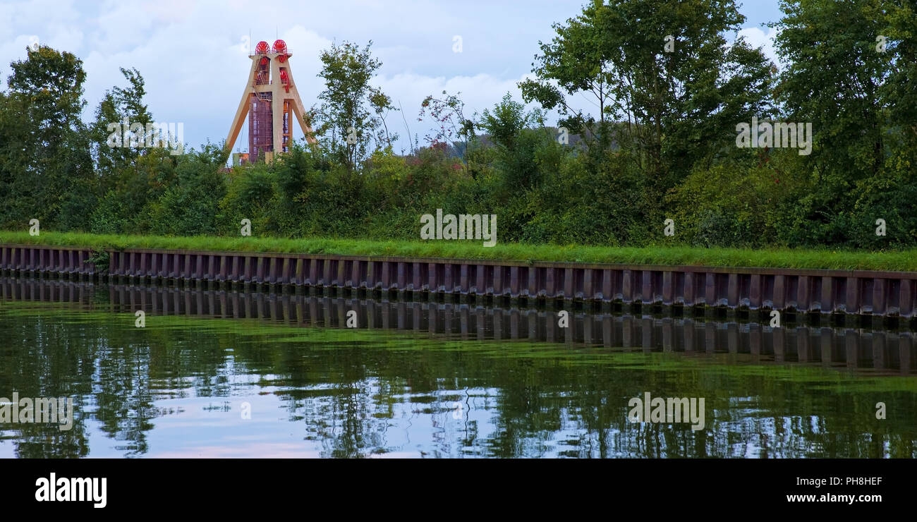 Datteln-Hamm Canal with headframe Haus Aden Stock Photo