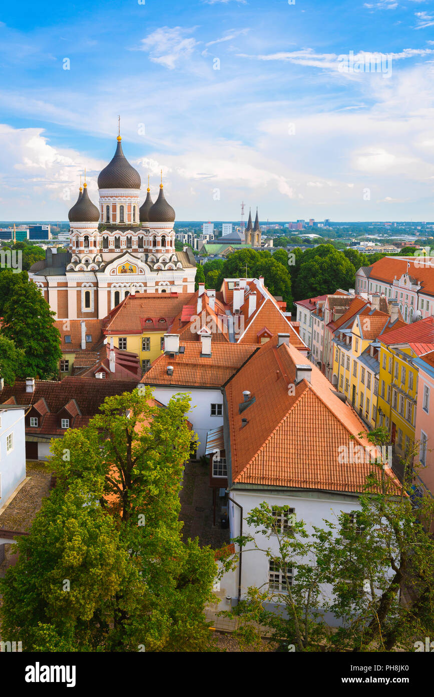 Toompea Tallinn, aerial view in summer of the Toompea Hill district with the Alexander Nevsky Orthodox Cathedral visible on skyline, Tallinn, Estonia Stock Photo