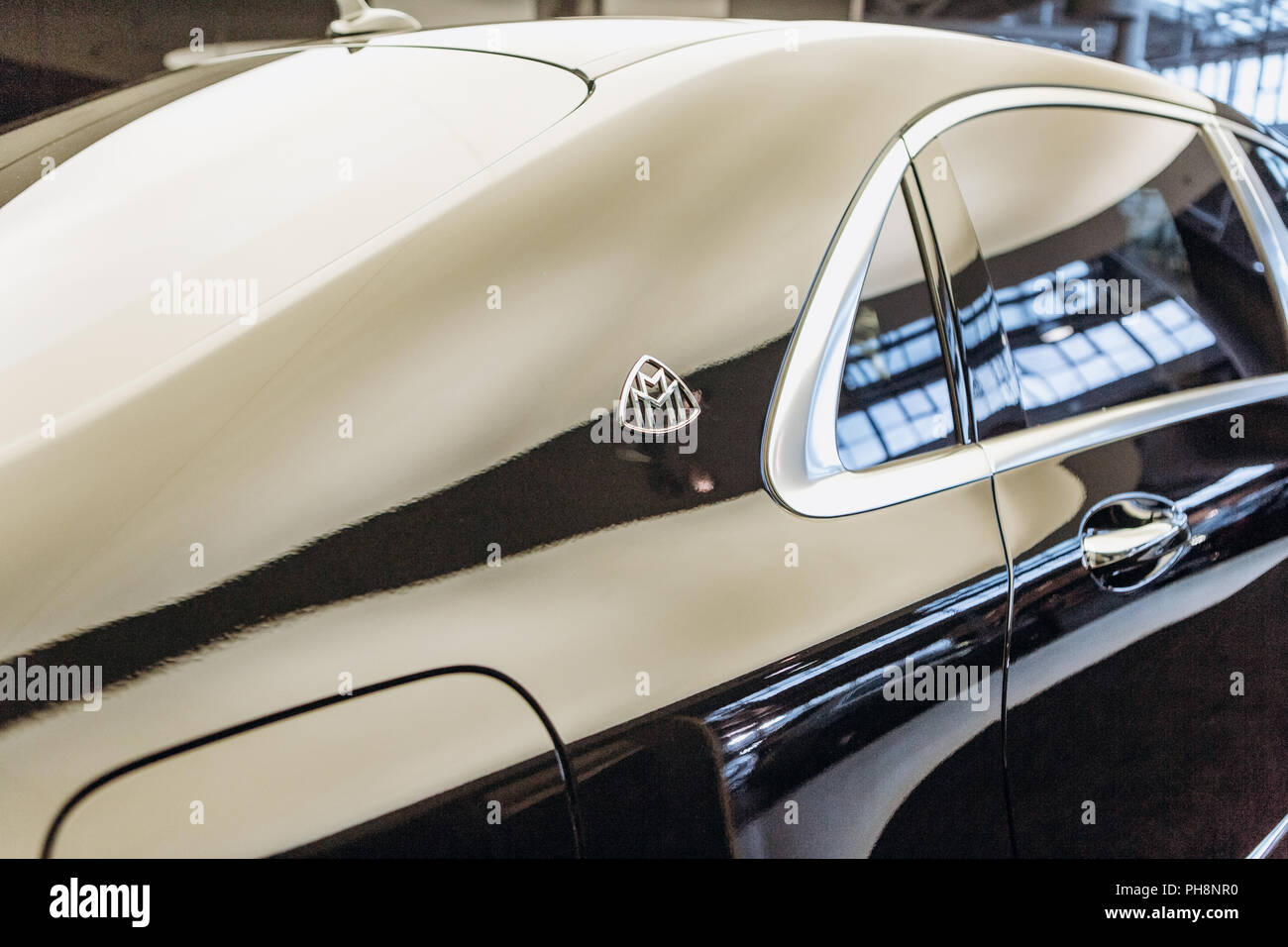 Berlin, August 29, 2018: A close-up of the Mercedes-Maybach sign. Luxury branded expensive car. Stock Photo