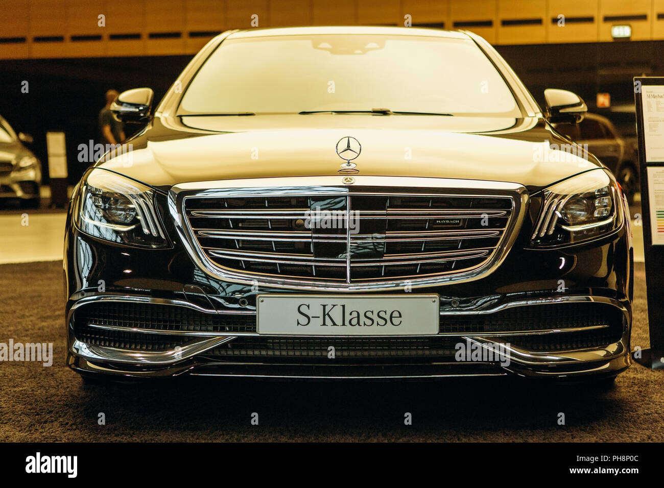 Berlin, August 29, 2018: A close-up of the Mercedes-Maybach car which is exhibited and sold in the official dealer's center in Berlin. Luxury branded expensive car. Stock Photo