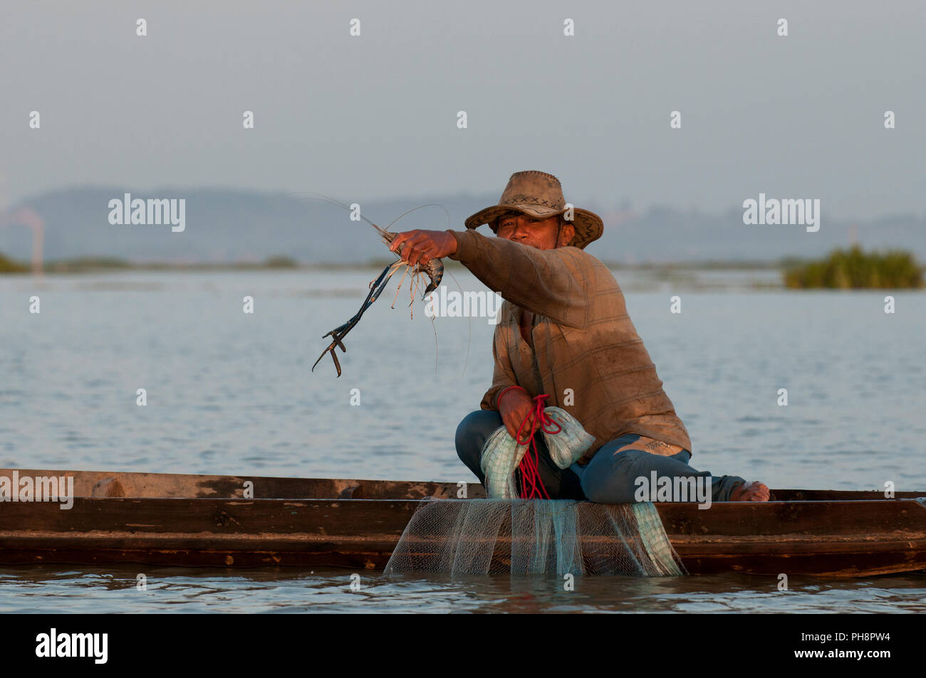 Fisherman with cast net and big shrimp - early morning - Long-tail boat -  Tale Noi - Patthalung - Thailand Stock Photo - Alamy