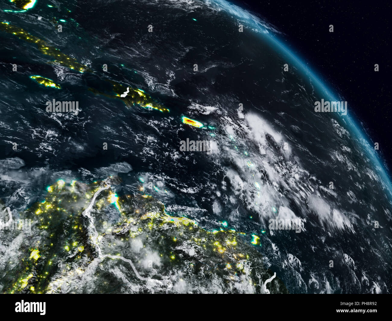 Puerto Rico from space at night with visible country borders. 3D illustration. Elements of this image furnished by NASA. Stock Photo