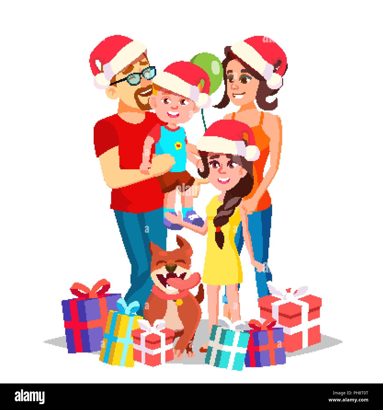Christmas Family Portrait Vector. Parents, Children. Happy. New Year