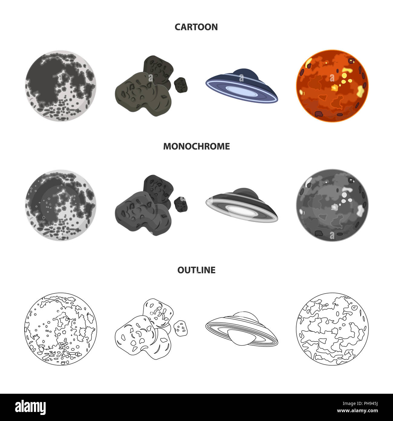 Moon, Venus of the planet of the solar system. Nil, a meteorite. Planets set collection icons in cartoon,outline,monochrome style  symbol stock illust Stock Photo