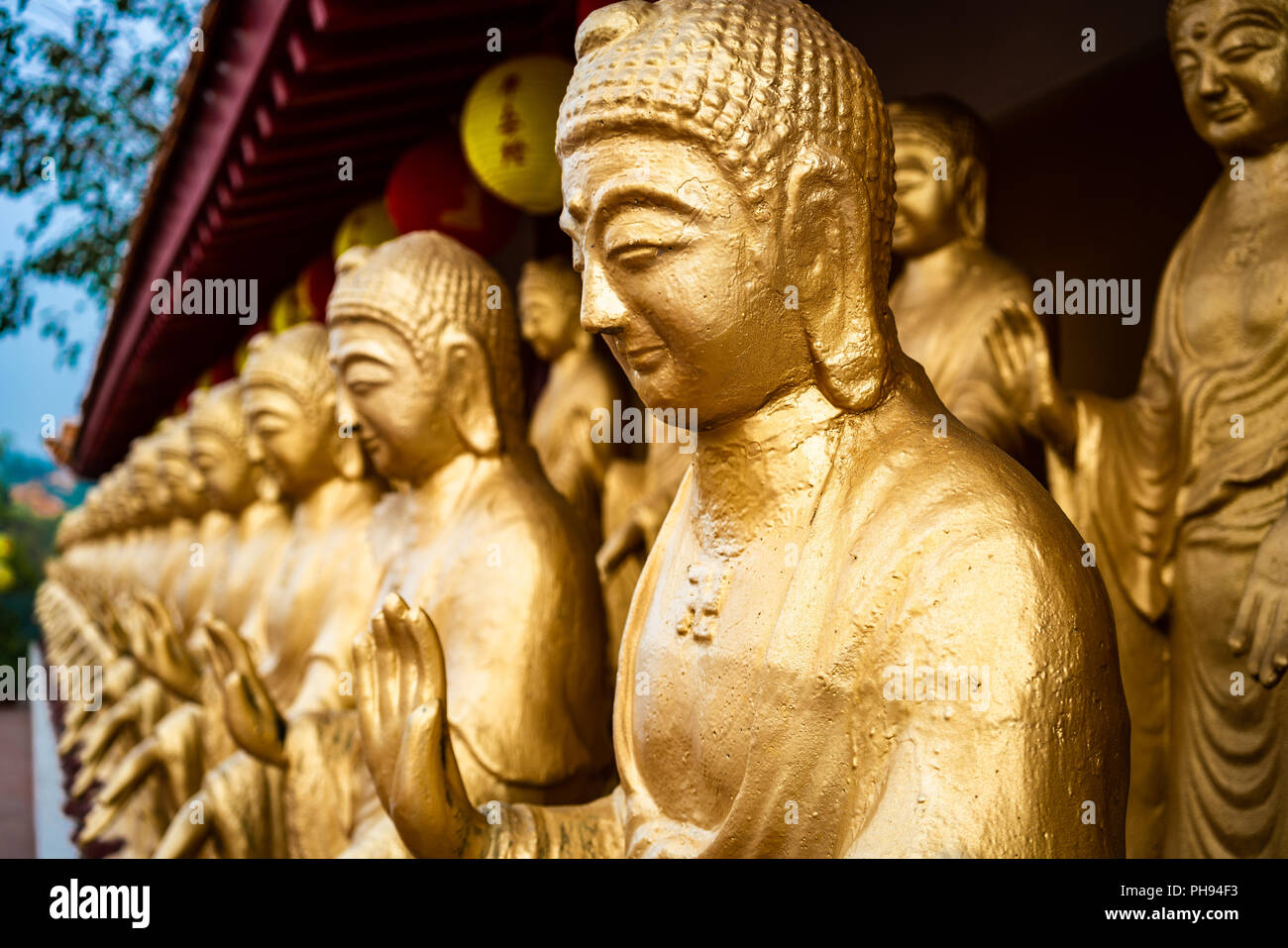 Close-up view of statues of golden standing Buddha at Fo Guang Shan Monastery in Kaohsiung Taiwan Stock Photo