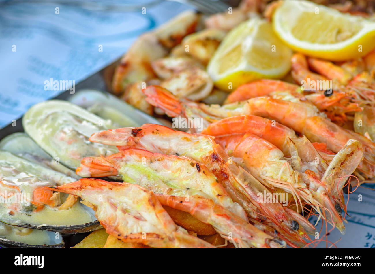 Grilled shrimps and mussels Stock Photo