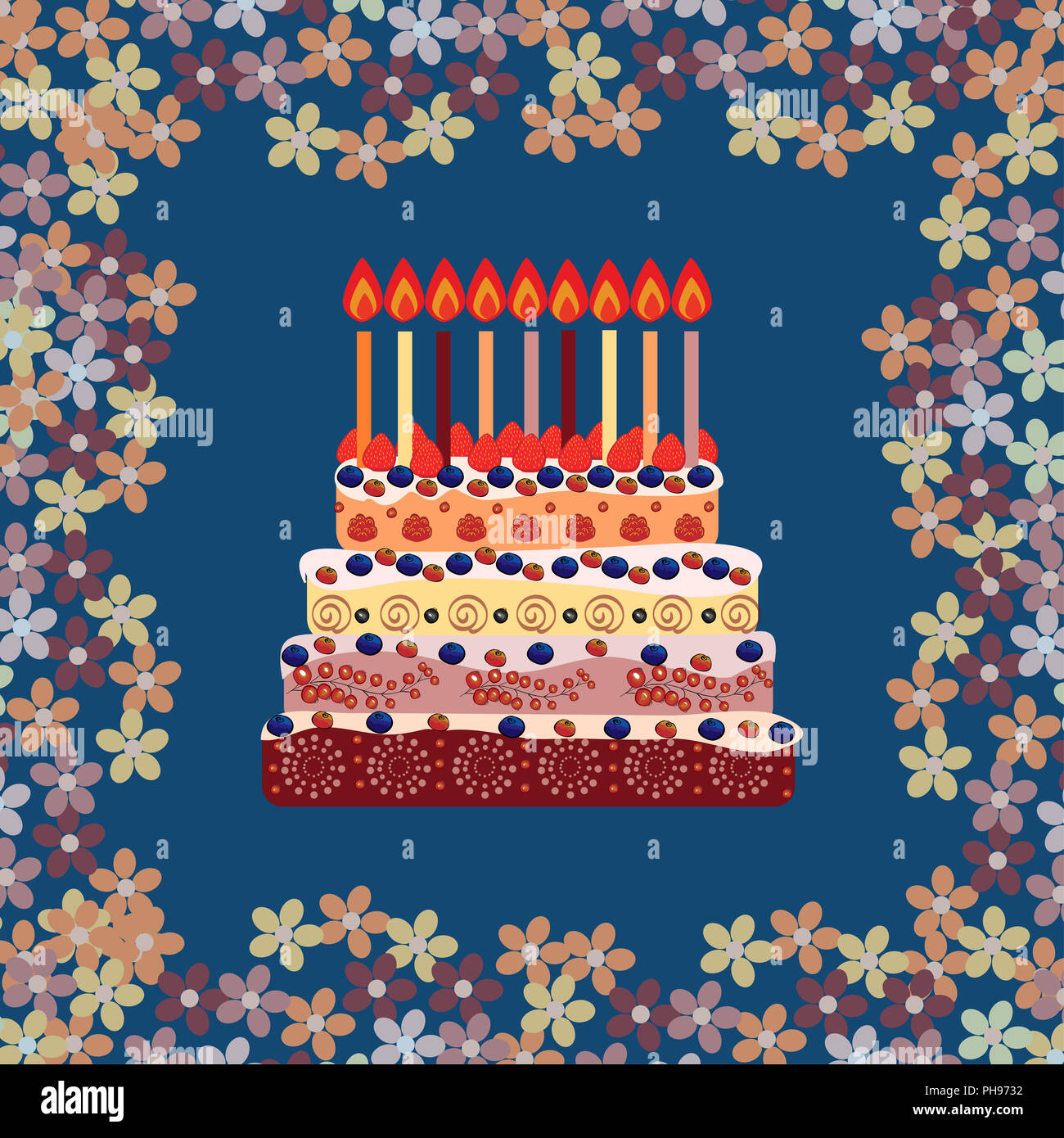 Birthday cake with nine candles. Nine years Stock Photo