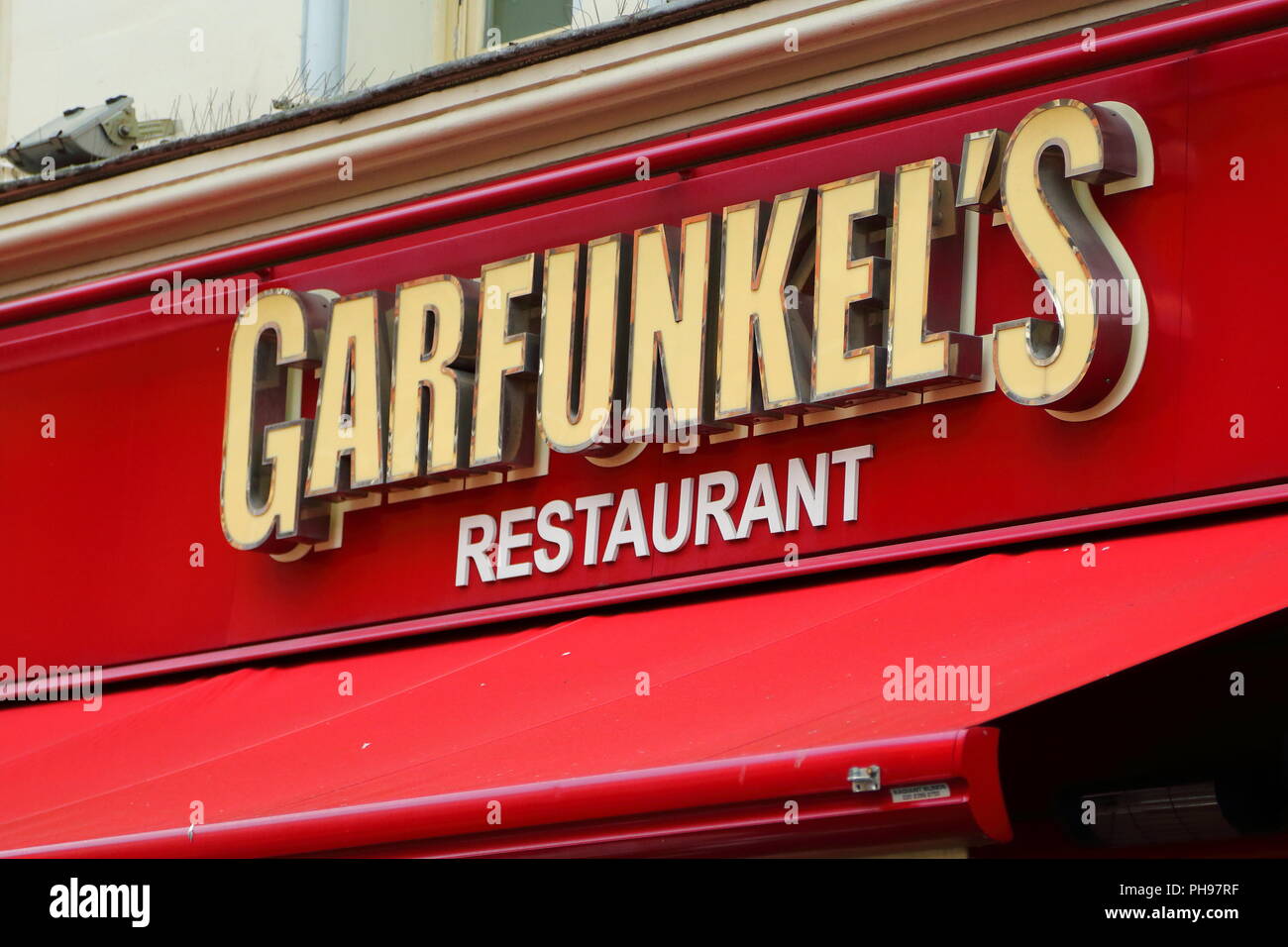 Garfunkel's Restaurant sign at Leicester Square, London, UK Stock Photo