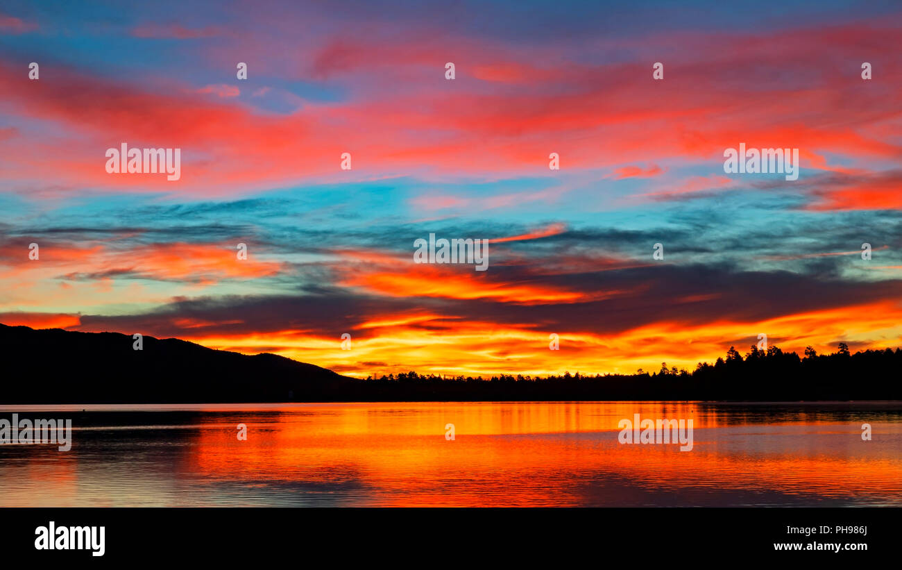 Sunrise colors at Big Bear Lake in the California mountains Stock Photo