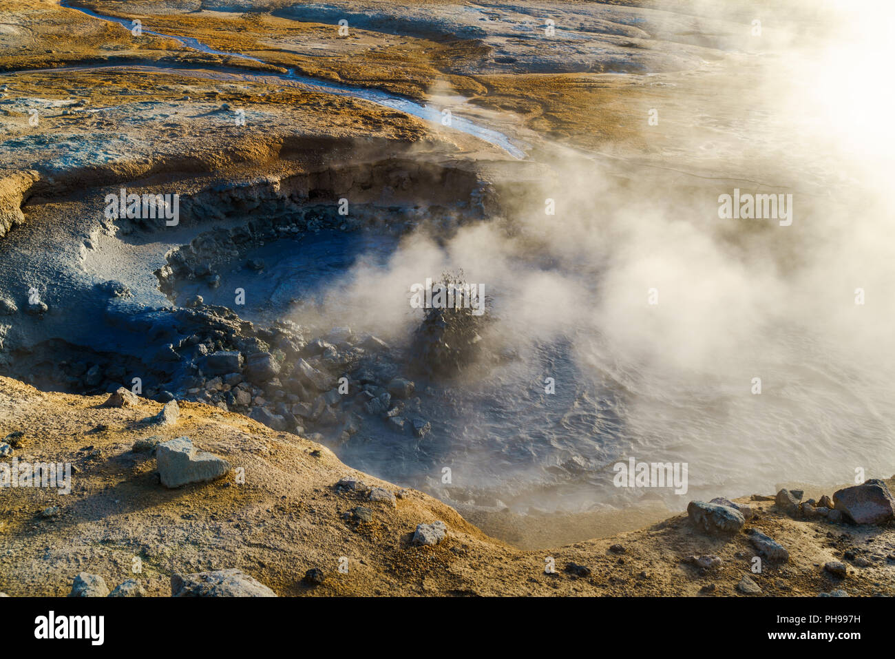 Boiling mud in the mudpot at Hverir geothermal area Stock Photo