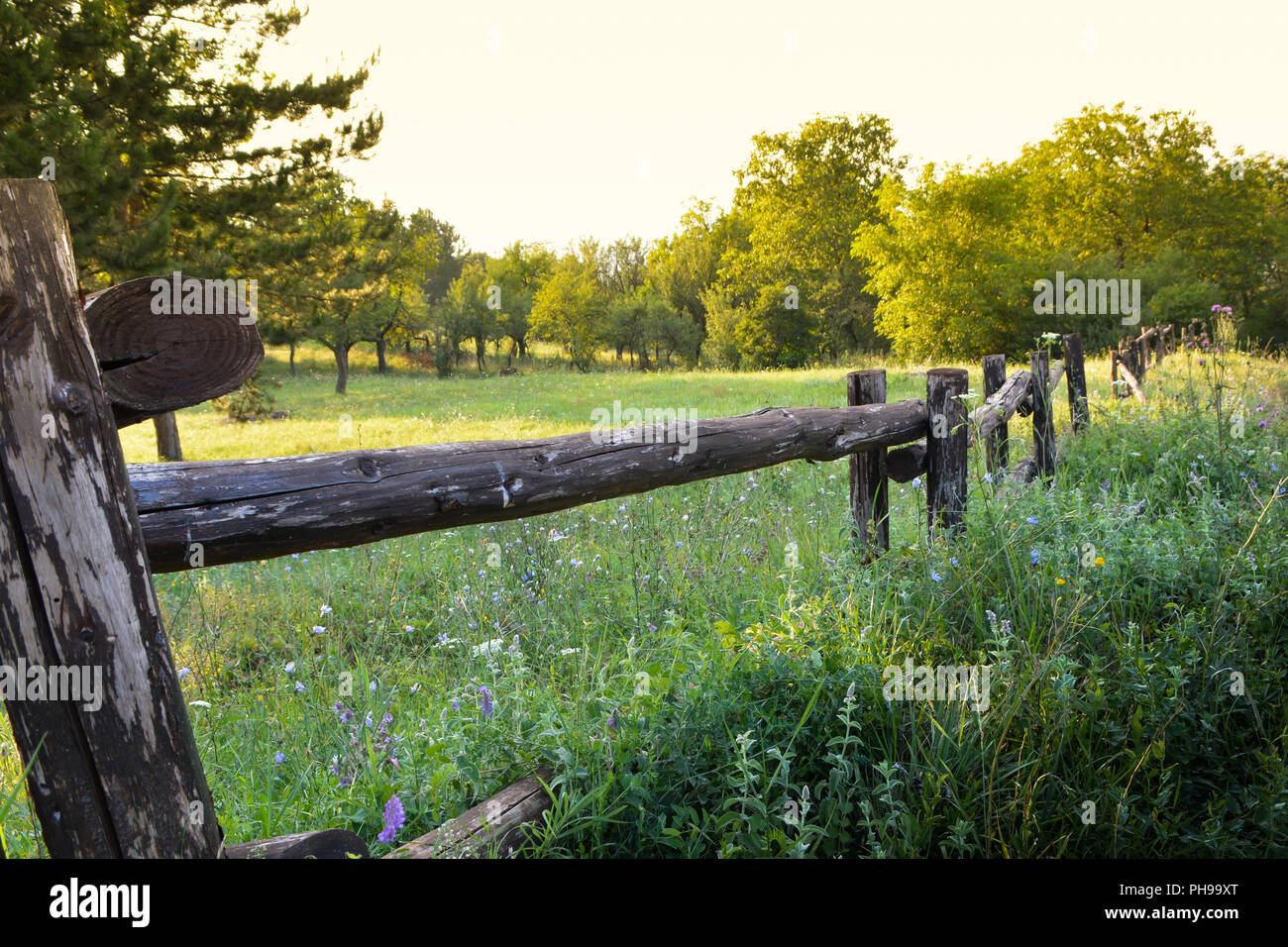 Old rural wooden fence on beauty landscape view Stock Photo