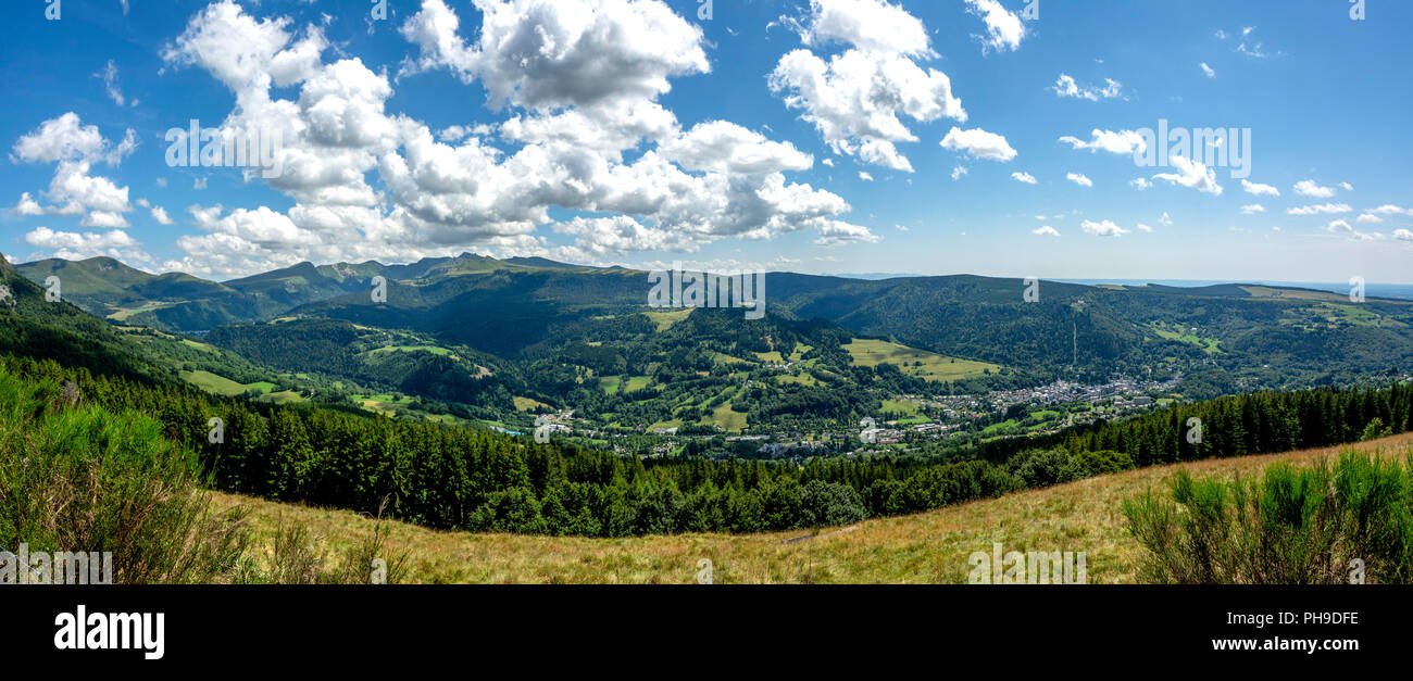 Valley of Haute Dordogne and view of the Massif of Sancy near La Bourboule, Puy de Dome, Auvergne Rhone Alpes, France Stock Photo